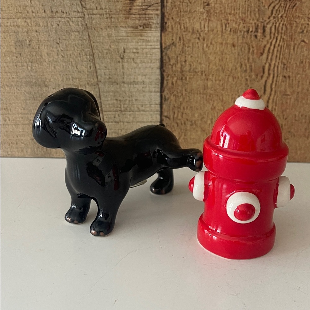 Pier 1 Black Dog and Red Fire Hydrant Salt & Pepper Shakers
